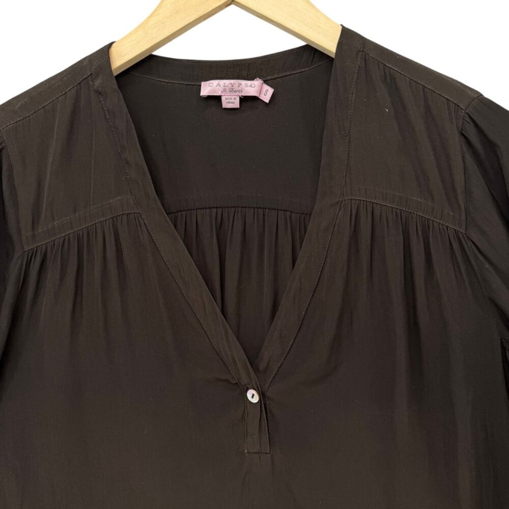 Calypso St Barth Blouse Womens Chocolate Brown Long Sleeve Pleated V Neck Size S - Picture 3 of 10